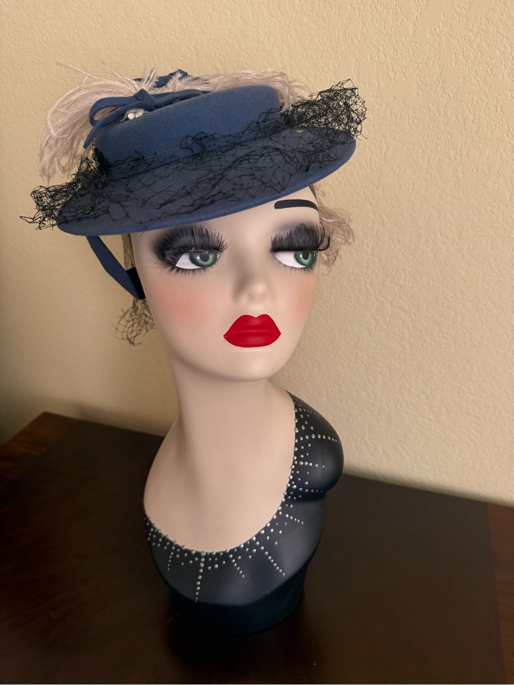 40s Blue wool felt fascinator hat with ostrich feather plume Martha Gene